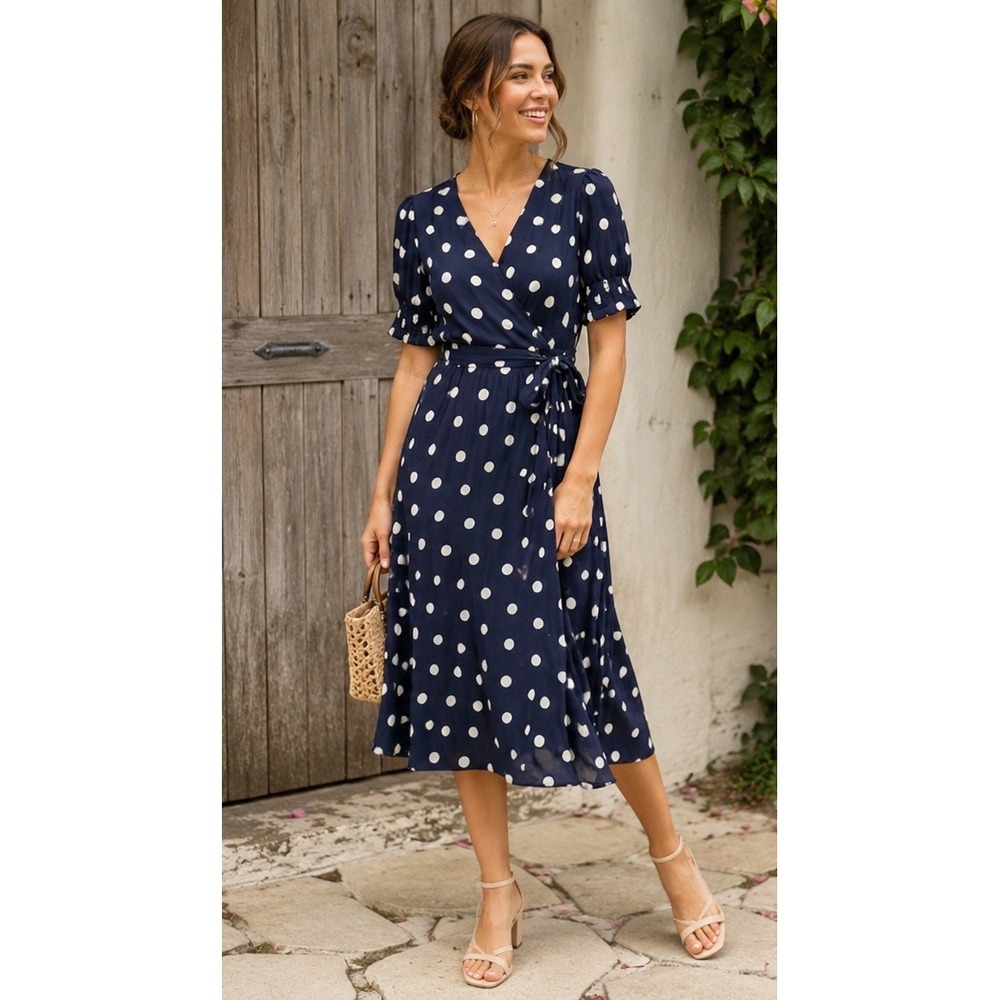 Maeve Anthropologie Navy Polka Dot Wrap Midi Dress 10 Wedding Guest Quiet Luxury